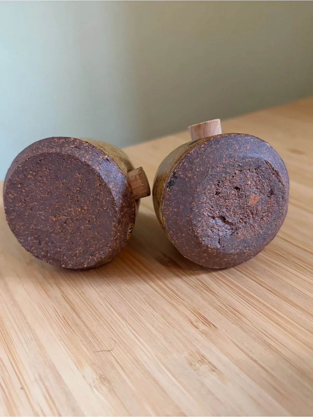 Adorable Little Handmade Pottery Salt and Pepper Shakers in Speckled Olive
